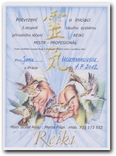Certifikát Reiki mistr - profesionál